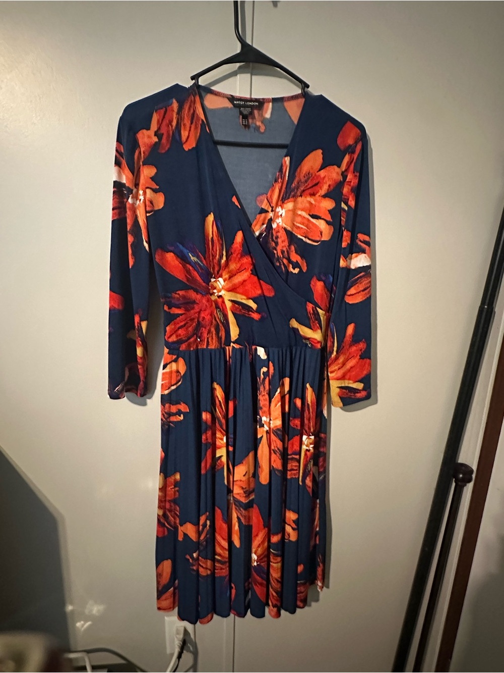 Maggy London Navy Wrap Dress with Orange Floral Print